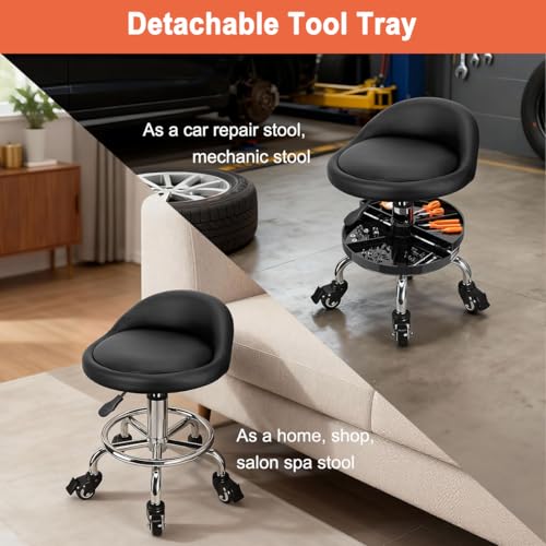 JOSTZHXIN Garage Mechanic Stool Chair Rolling Shop Chair, Height Adjustable Garage Shop Seat, Low Stools with Storage Tray, Rolling Stool for Salon SPA Tattoo (Style 2)