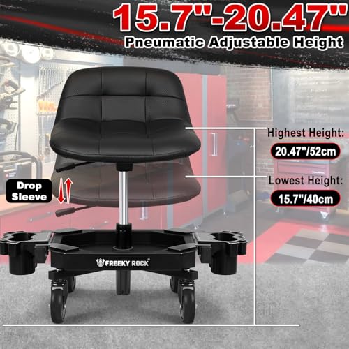 FREEKYROCK Rolling Stool with Wheels, Adjustable Height Pneumatic Garage Work Mechanic Stool Seat with Backrest, 400 LBS Capacity 360° Swivel Mechanic Crepper Chair with Tool Tray Storage, Black