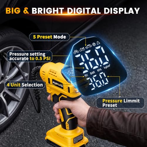 SURPUTS Tire Inflator Air Compressor Compatible with Dewalt 20V Battery, 150PSI Cordless Portable Air Pump with Digital & Auto Shut-Off, LED Light for Car Motorcycles Bike Ball (Tool Only) (Yellow)
