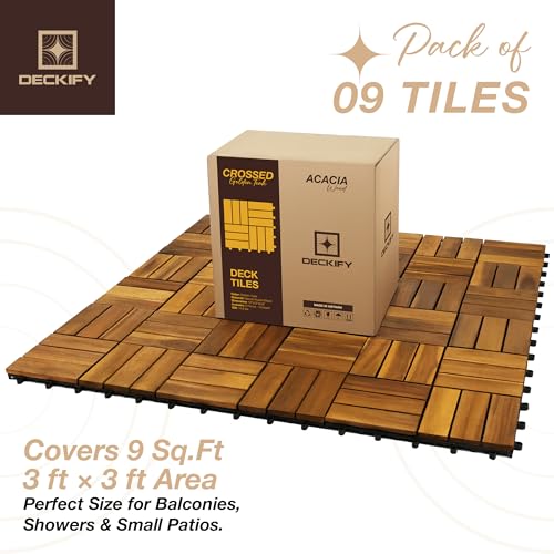 DECKIFY 9-Piece Acacia Wood Interlocking Deck Tiles, Golden Teak Crossed