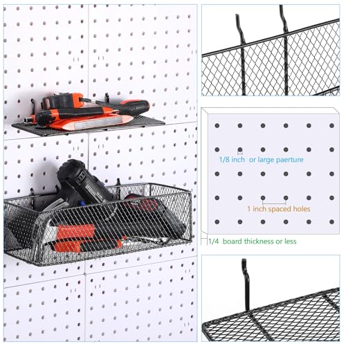 Hicarer 8 Pack Pegboard Baskets and Peg Board Racks Set, Pegboard Hooks, Square Style Wire Shelf Baskets, for Organize Tools, Workbench, Accessories, Garage Storage, Wall Organizer Attachments (Black)