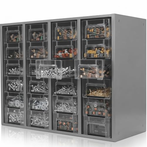 Nut and Bolt Organizer with 24 Clear Drawers, Heavy Duty Metal Hardware Organizer Cabinet, 48 Adjustable Dividers for Screws, Fasteners, Washers & Small Parts, Stackable Wall Mount Storage Cabinet
