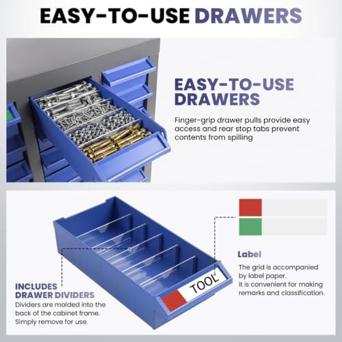 QUARPAL 40-Drawer Small Parts Cabinet Organizer with 200 Dividers, 40 Labels, Heavy Duty Steel Bolt Bin with ABS Drawers, Bolt and Nut Tool Storage Cabinet for Hardware, Nut, Bolt, Screw