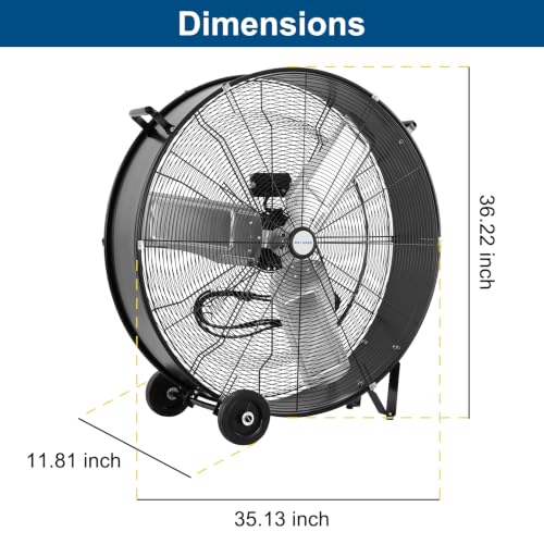 BILT HARD 36" 21800 CFM High Velocity Drum Fan, 2-Speed Heavy Duty Industrial Shop Fan with Casters & Handles for Warehouse, Factory Workshop and Garage Use