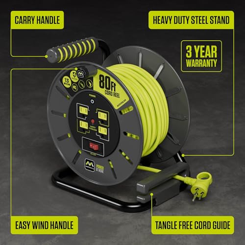 Masterplug 80ft Cord Reel, Retractable Extension Lead with Winding Handle, Safety Overload Circuit Breaker and Power Switch, 4X Grounded Outlets, 13amps, 14AWG Cable