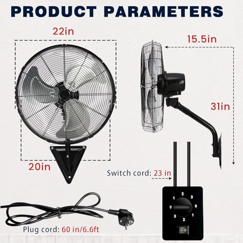 TMWINGS 20 Inch Wall Mount Fan, Heavy Duty Oscillating Wall Mounted Fan with 6600 CFM, High Velocity 3 Speed Fans with Adjustable Tilting for Workshop, Garage, Patios, Commercial and Industrial