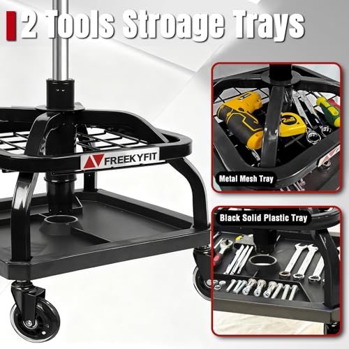 FreekyFit Rolling Shop Stool with Wheels, Garage Work Mechanic Stool with Backrest, Roller Mechanic Chair, Adjustable Height, 360° Swivel, Tool Tray Storage, 330 LBS Capacity, Heavy Duty, Black