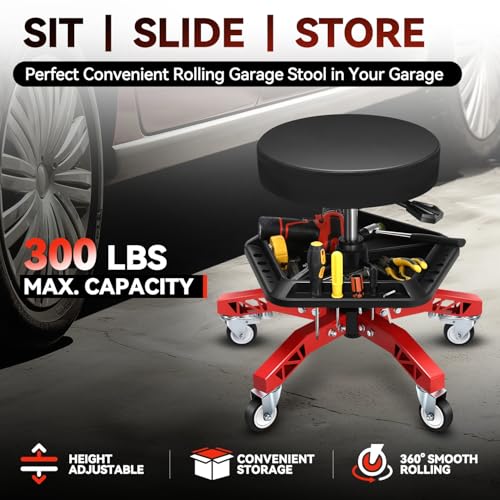 Auto Dynasty Rolling Mechanic Stool, Height Adjustable Heavy Duty Roller Creeper Garage Shop Seat with Padded Seat and Tool Storage Tray for Workshop Auto Repair, 300 LBS Capacity, Red