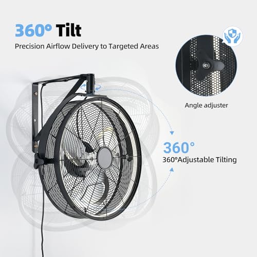 AHAWILL 20" Wall Mounted Fan with Lights, 360° Adjustable Tilt,Garage Wall Mount Fan with Remote&APP, Plug in Wall Fan,6-Speed&Reversible Gazebo Fan,3CCT Dimmable&Timer for Toolroom,Patio,Warehouse