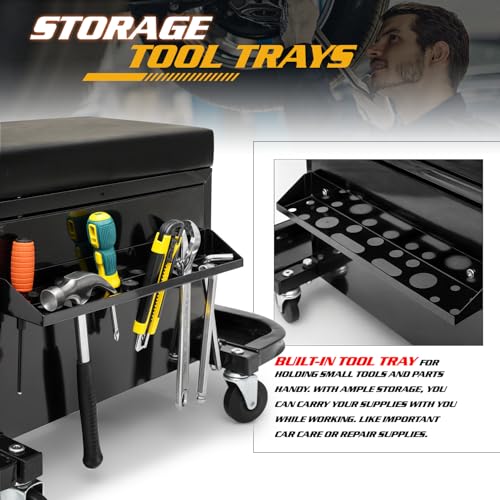 Magshion Garage Creeper Seat with 3-Drawer Storage, 350 lbs Capacity Rolling Mechanic Stool, Padded Shop Seat with Tool Tray, Adjustable Workshop Creeper Stool on Wheels for Auto Repair & Detailing