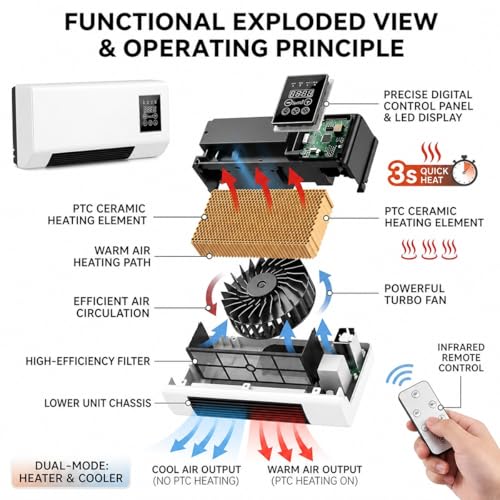 Portable Wall Mounted Air Conditioner Fan, 2-in-1 Cooling Air Conditioner and Heater Combo, Quiet Smart AC Unit with Remote & Timer for Bedroom, Garage, Basement, Office(White)