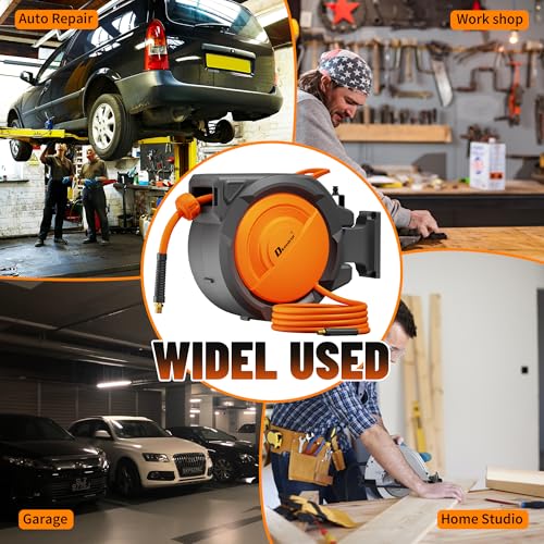 Dkenicor Retractable Air Hose Reel, 3/8" x 120ft Hybrid Hose, Auto Rewind Enclosed Air Compressor Hose Reel with 180° Swivel Bracket, Max 300 PSI Any Length Lock for Garage & Workshop