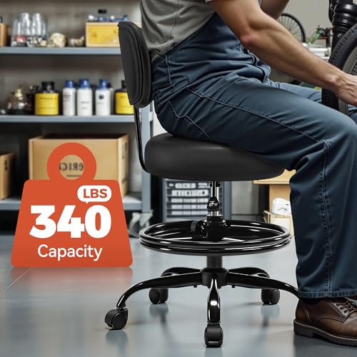 BestGlory Shop Stool with Wheels for Garage, Mechanics Rolling Chair with Backrest, Adjustable Height Heavy Duty Garage Stool with Footrest and Storage Tray, Swivel Task Chair for Workshop Salon