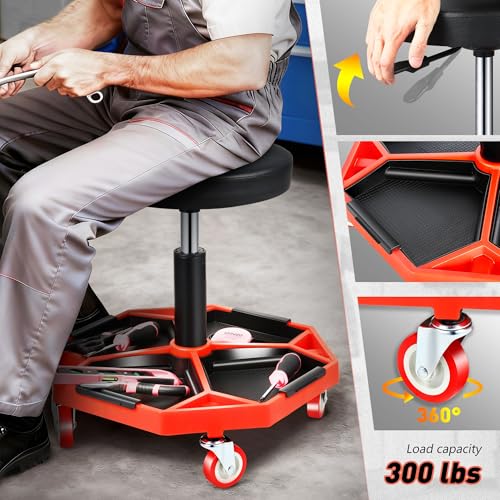 DNA Motoring TOOLS-00253 Adjustable Height Pneumatic Garage Seat Rolling Mechanic Stool with Tool Tray Storage,300lbs Max Weight Capacity
