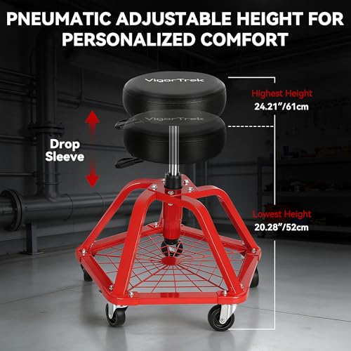 VigorTrek Rolling Shop Stool with Wheels and Adjustable Pneumatic Mechanic Stool, Heavy Duty Garage Stool & Shop Chair with Storage Tray, 300 lbs Capacity