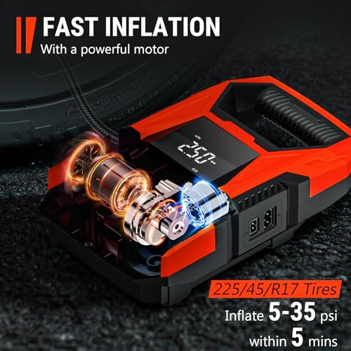CARSUN AC/DC Tire Inflator Portable Air Compressor, Dual Power for Home 110V AC and Car 12V DC Air Pump with Pressure Gauge, Auto Shutoff, Tire Pump for Car Motorcycle Bike and Other Inflatables, Red