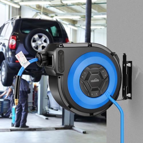 Himimi 50FT + 6.6FT Retractable Air Hose Reel, Ceiling/Wall Mount Penumatic Hose Reel for Garage Workshop, Auto Rewind, 3/8" x 50' Hybrid Air Hose Reel with Brass Fittings + Bend Restrictors, 300PSI