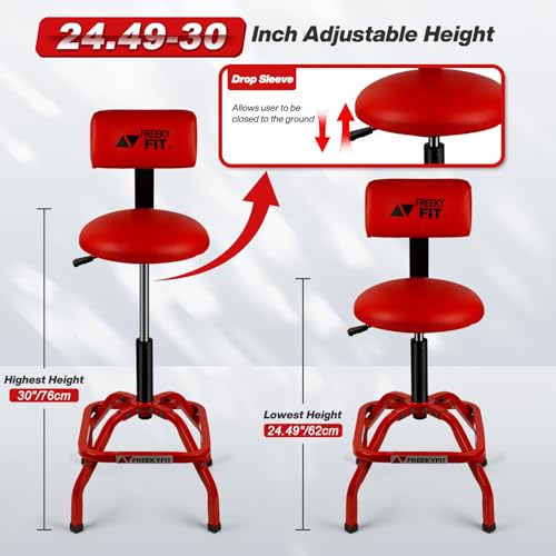 FreekyFit Shop Stool with Backrest, Mechanic Garage Stool for Workshop, Adjustable Shop Stools Chair, Padded Workbench Stools for Men Women, 300 LBS Capacity, 360° Swivel PVC Seat, Heavy Duty, Red