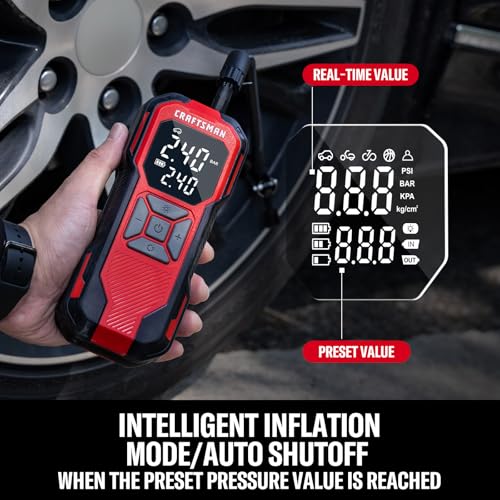 CRAFTSMAN Tire Inflator Portable Air Compressor, Cordless Mini Air Pump for Car Tires with Digital Tire Pressure Gauge, 6000mAh Battery Powered Air Pump, Max Pressure 150 PSI, 12V DC Corded