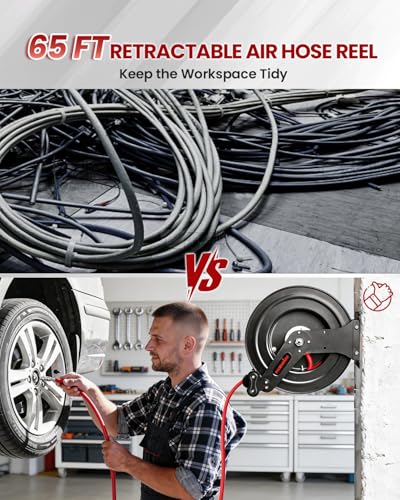 Retractable Air Hose Reel - 3/8" x 65 FT Hybrid Polymer Air Compressor Hose Reel, Heavy Duty Steel Dual Arm with 6.56 FT Lead-in, Max 300 PSI, Professional Grade Wall/Ceiling/Floor Mount