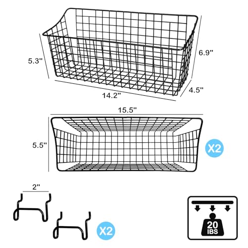 G.CORE 2 Pack Pegboard Baskets, Black Metal Shelves Hooks to 1/8" and 1/4" Hole Peg Boards, Peg Board Baskets Bins Set - Tools Workbench Garage Storage Wall Mount Organizer Attachments (2 Large)