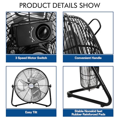 BILT HARD 20 Inch Heavy Duty Floor Fan - 4650 CFM High Velocity, 3-Speed with Wall-Mounting System, Industrial Shop Fan for Commercial, Garage, and Greenhouse