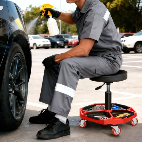 DNA Motoring TOOLS-00253 Adjustable Height Pneumatic Garage Seat Rolling Mechanic Stool with Tool Tray Storage,300lbs Max Weight Capacity