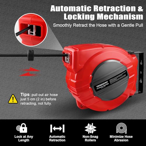 Vkndoynt Retractable Air Hose Reel, 1/4 IN x 50 FT Hybrid Polymer Hose, Auto Rewind, Wall Mount, Dark Gray/Red
