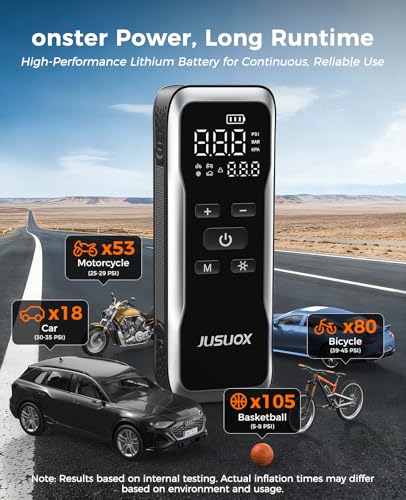 JUSUOX Tire Inflator Portable Air Compressor, Dual Power Air Pump