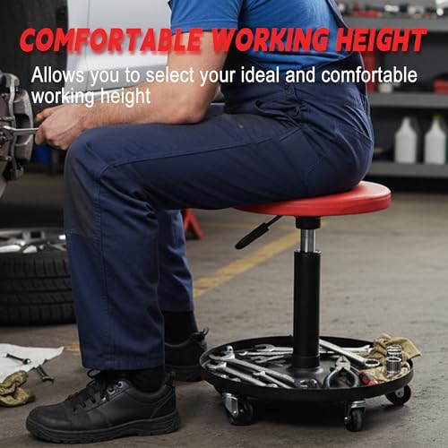 QCUNMAG Mechanic Stool, 300 LBS Rolling Pneumatic Creeper Garage/Shop Seat, Adjustable Height Padded Rolling Workshop Stool with Tool Tray, for Garage, Shop, Auto Repair (Red)
