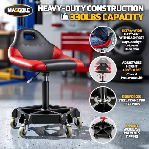 Masgole Rolling Shop Stool with Wheels, 330LBS Capacity Garage Mechanic Stool Seat with Backrest and Tool Tray Storage for Workshop, Pneumatic Adjustable Height Heavy Duty Garage Chair for Work, Red