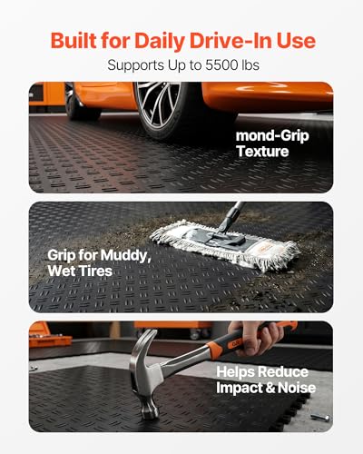VEVOR Garage Floor Tiles 12 x 12 x 0.53 inch, Interlocking Design Ease of Installation Double-Sided Texture Non-Slip Sturdiness, for Garages, Basements, Repair Shops, Black, 50 Pack