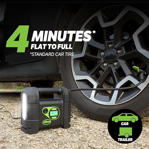 Slime 40047 Tire Inflator, Portable Car Air Compressor, Rugged, Inflate Right automatic shut off, with Digital 99 psi Display, Long Hose and LED Light, 12V, 4 min inflation