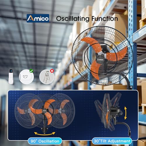 Amico 24 Inch Wall Mount Fan with Remote, 8-Speed DC Motor, Oscillating Fan