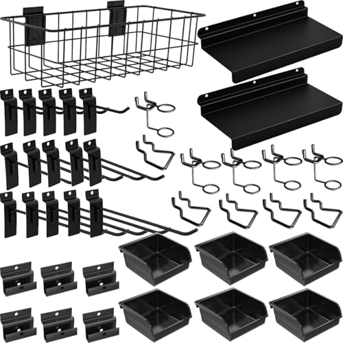 BeapTcely 40 Pcs Slatwall Accessories Set - Includes Metal Wire Baskets, Storage Bins, Hooks, Screwdriver Holders and Shelves for Garage and Room Storage