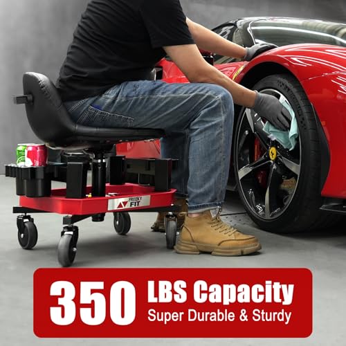 FreekyFit Rolling Shop Stool with Wheels, Adjustable Garage Mechanic Stool Seat Shop Roller Work Chair Mobile Rolling Seat with Tool Tray, 2 Cup Holders, 4" Casters, 350 LBS, Heavy-Duty, Red