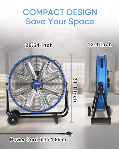 KEN BROWN 24 Inch Industrial Drum Fan, High Velocity Floor Shop Fan, Heavy Duty, 9500 CFM, 8 Blades, 3 Speeds, 360 Degree Tilt, Ideal for Industrial, Commercial, Gym, Garage Use, Blue