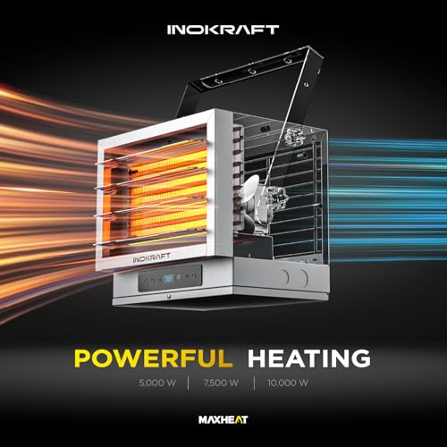 InoKraft 7,500W Electric Garage Heater, Wire: 8 AWG, Plug: NEMA 14-50P, Remote, Ceiling Mount, Digital Thermostat, 240 Volt, 24-Hour Timer, Overheat Protection, ECO Mode, Ideal for Garage