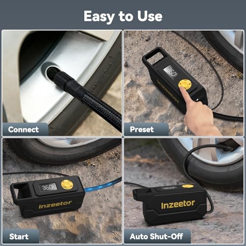 Inzeetor 150 PSI Tire Inflator Portable Air Compressor with Digital Pressure Gauge, 12V DC Auto Shutoff Air Pump Emergency LED Light for Car Tires, Bicycle & Balloons, Black