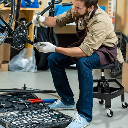 RCIACRHT Garage Shop Rolling Seat, Heavy Duty Adjustable Rolling Mechanic Stool with Lockable 360° Wheels, 350 Lbs Capacity, Work Stool with Tool Tray for Garage & Workshop