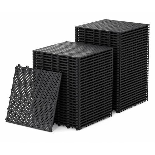 Jocoevol 60-Pcs Interlocking Tile, Indoor/Outdoor Drainage Interlocking Floor Tiles 11.8" x 11.8", Anti-Slip Waterproof Soft PVC Splicing Flooring Tile for Garage Patio Pool Bathroom, Black