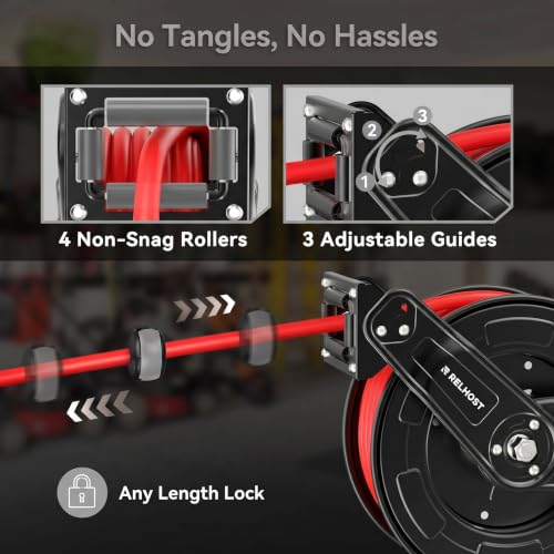 Retractable Air Hose Reel, 50 ft x 3/8 in SBR Rubber Hose Max 300PSI, Heavy Duty Air Compressor with Dual Arms, Auto Rewind, 180° Swivel Ceiling/Wall Mount for Garages, Workshops