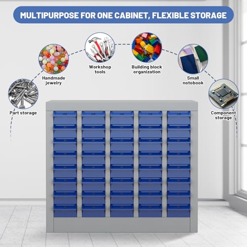 Hymula 40-Drawer Parts Storage Cabinet – Multi-Purpose Organizer for Screws, Bolts, Nails, Craft Supplies, Legos, Makeup & Tools – Compact Plastic Drawer Unit for Garage, Workshop, Classroom & Home