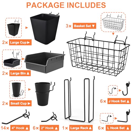 Pegboard Basket Organizers, 42Pack Peg Board Baskets Hooks Bins Cups(Black)