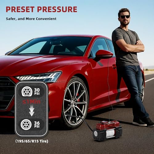 MESHUBA Dual Cylinder Tire Inflator Portable Air Compressor 12 Volt Car Air Pump Car Accessories 150 PSI LED Light, Heavy Duty Off Road for Truck, SUV, Car, RV(RED)