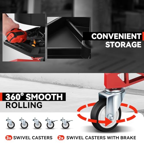 Auto Dynasty Rolling Mechanic Stool, Height Adjustable Heavy Duty Roller Creeper Garage Shop Seat with Padded Seat and Tool Storage Tray for Workshop Auto Repair, 300 LBS Capacity, Red