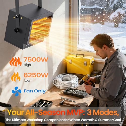 7500W Electric Garage Heater with Remote, 240V Hardwired Shop Heater