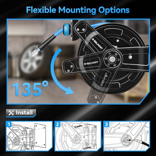 Relhost Retractable Air Hose Reel, 50 ft x 3/8 in Hybrid Air Hose Max 300PSI, Heavy Duty Air Compressor Hose Reel with Auto Rewind, Ceiling/Wall Mount for Garage, Workshop, Home Studio