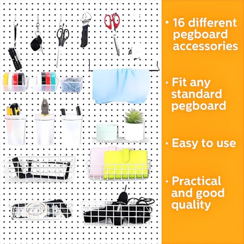 95-Piece Pegboard Accessories Set with Hooks, Cups, Wire Shelf, Tissue Box, Clothes Board for Garage, Workshop (Clear)