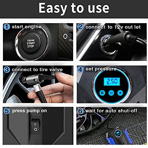 Digital Air Compressor for Car Auto Pump Portable Tire Inflator with LED Light DC 12V, Blue